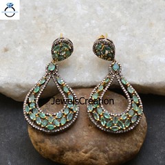 Natural Emerald Gemstone Earrings Pave Diamond Sterling Silver Jewelry Gifts