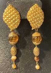 Vtg KATE HINES Signed Convertible Gold Tone Amber Lucite Couture Clip Earrings