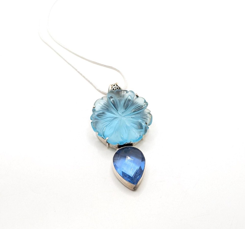 Vintage Carved Blue Topaz Flower Sterling Silver 925 Large Pendant Necklace
