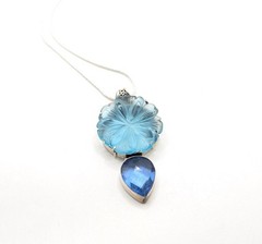 Vintage Carved Blue Topaz Flower Sterling Silver 925 Large Pendant Necklace