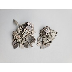 Silver tone diamond shape metal clip on dangle drop earrings 1 3/4″