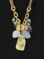 Artisan Pendant Necklace Gemstone Amethyst Quartz Pearl Cluster Leather Cord 16″