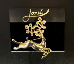 Vintage Jonee Gold Tone Deer Brooch Pin Multi-Color Crystals 2″ by 1.75″ NEW