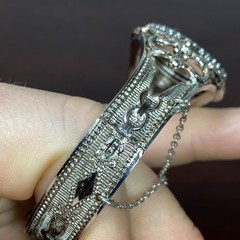 Whiting & Davis Intaglio Lily Flower Cameo Silvertone Hinged Bracelet Mesh Bags