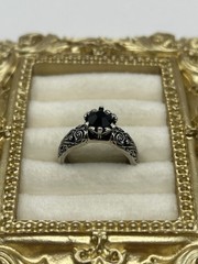 Vintage Gothic Black Stone Ring Size 7 Silver Tone Scroll Filigree Victorian