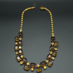 Vintage 1950s Amber Brown Rhinestone Bib Necklace Gold Tone 16 Inch