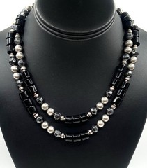 Vintage Sterling Silver Black Onyx Beads Necklace 36” Long