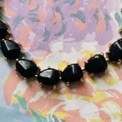 Vintage Black Acrylic Beaded Relaxed Choker Necklace Gold Tone Foldover Clasp