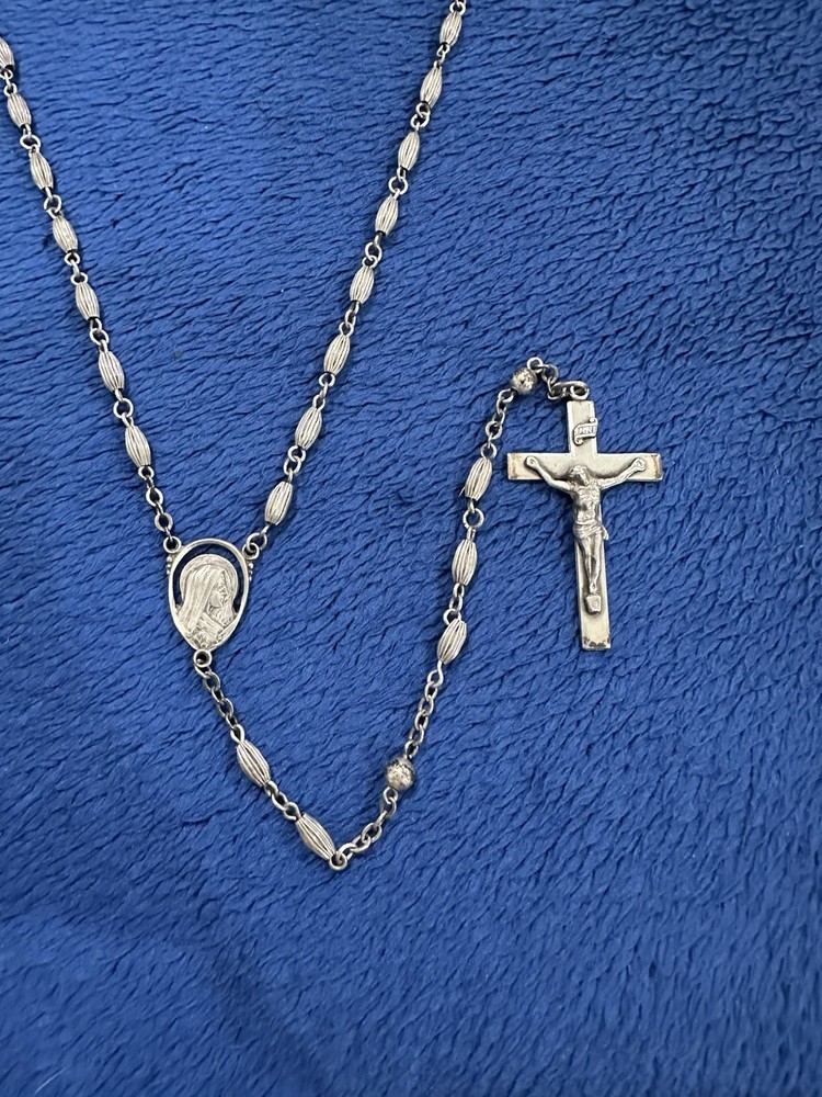 Sterling Silver 925 Fluted Rosary Bead Necklace, 32in Long, 26g