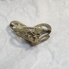 Antique Art Nouveau Pressed Metal Brooch Facetted Cabachon Floral Heart Shape