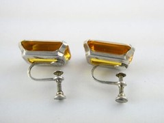 Vintage Sterling Silver Gold Yellow Faceted Glass Screw Back Earrings 7.1g .75In