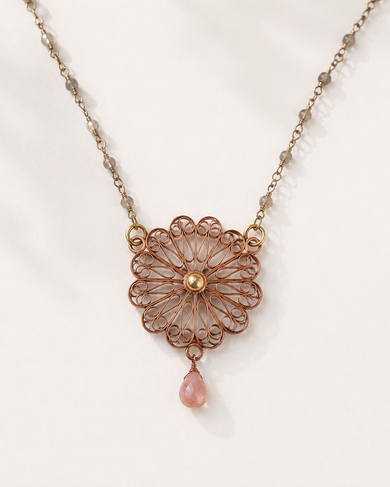 Copper & Brass Filigree Daisy Necklace with Peach & Gray Moonstone | 24″