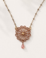 Copper & Brass Filigree Daisy Necklace with Peach & Gray Moonstone | 24″