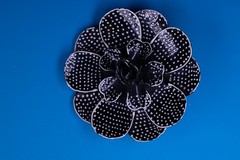 Floral Polka Dot Brooch Pin Gold Tone approx 2.5in Layered Petals Black White