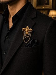 Royal Gold Lion Head Chain Brooch Pin with Elephant Accents | Vintage Men’s Lape