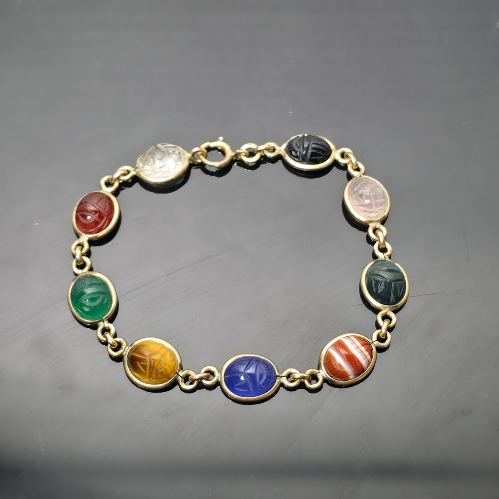 Vintage Burt Russell Egyptian Revival Scarab Bracelet Mixed Hardstone