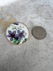 Vintage Floral Purple Blue Enamel Pin Scalloped Gold Tone Edging