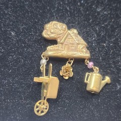 Vintage Cottage Garden Brooch with Wheelbarrow Rose Watering Can Charms