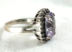 Vintage 925 Sterling Silver RING Cushion Faceted Amethyst Stone CZ Halo 9.5 – 10