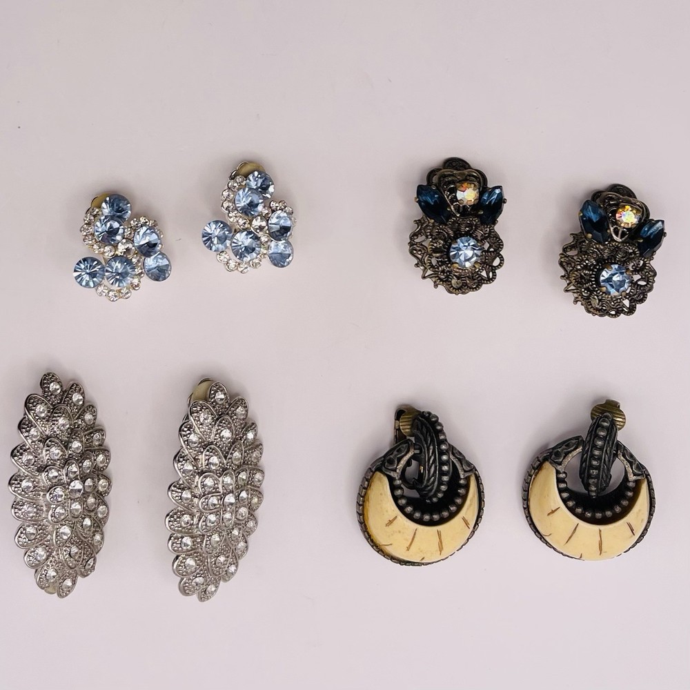 Vintage Clip On Earrings Lot Of 4, Midcentury To Late Century