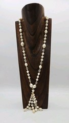 Faux Pearl Tassel Necklace asymmetrical Beaded Waterfall Gold tone Vintage 29 in