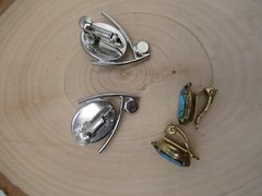 Vintage Clip on Earring lot 2 pair Turquoise man made Opal Almond Rhinestone