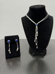 Vintage Liquid Silver Lapis Tassel Necklace Earrings set Stamped 925 Sterling