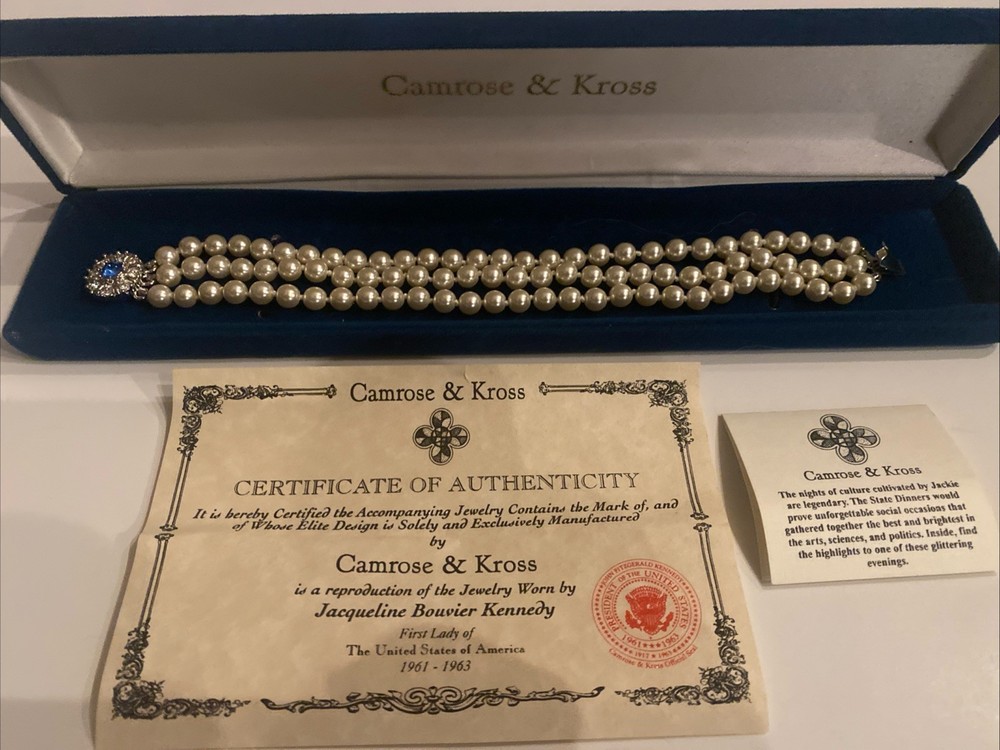 Camrose & Kross Jackie Kennedy JBK Sapphire Faux Pearl Triple Strand Bracelet