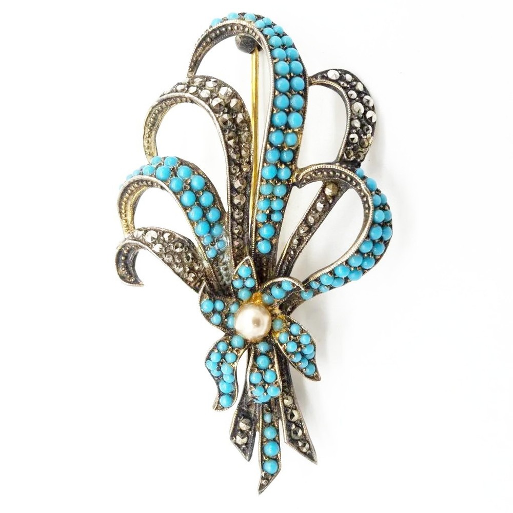 Turquoise and Marcasite Sterling Silver Pin Germany – Pave Style