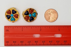 Vtg Signed MMA Faux Turquoise, Lapis & Coral? Heart Gold Tone Clip On Earrings