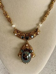 Vtg West Germany Hematite Glass Cabochon Filigree Necklace Clip Earrings Set