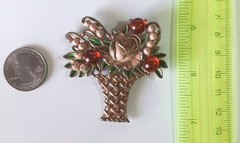 Vintage Gold-tone Flower Basket Brooch w Pink-Peach & Green Enamel, Orange Cabs