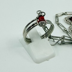 Vintage Y2K Silver Tone Red Glass Bead Slave Bracelet Ring Hand Chain Set Retro