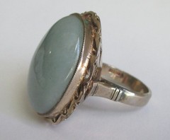 Sz 5.75 BIG BOLD VINTAGE STERLING SILVER CELEDON JADE SOLITAIRE RING TAIWAN
