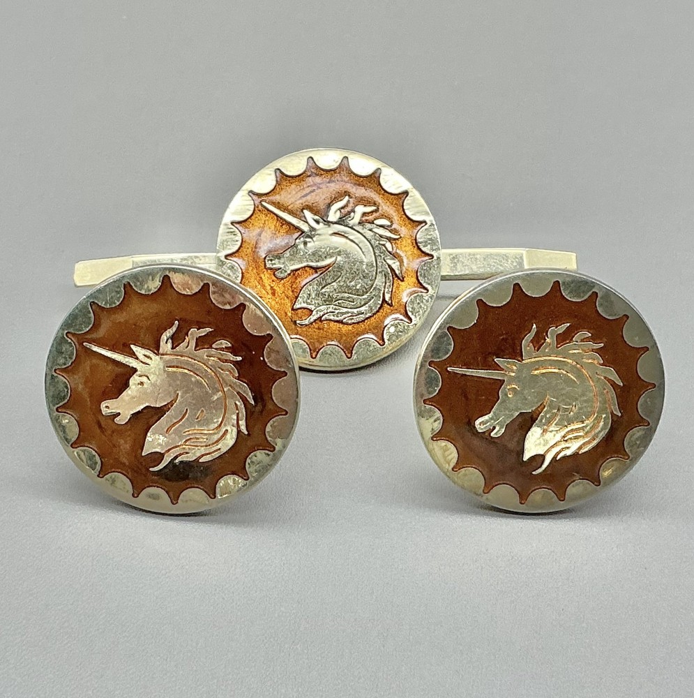 Vintage Unicorn Cufflinks Tie Bar Set Brown Enamel Silver Tone Fantasy Men’s