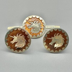 Vintage Unicorn Cufflinks Tie Bar Set Brown Enamel Silver Tone Fantasy Men’s