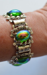 Vintage high end iridescent watermelon cabochon silver tone bracelet/earrings