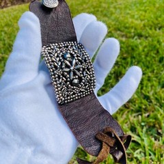 Antique Cut Steel Artisan Redesigned Shoe Buckle Clip On Thick Leather Bracelet
