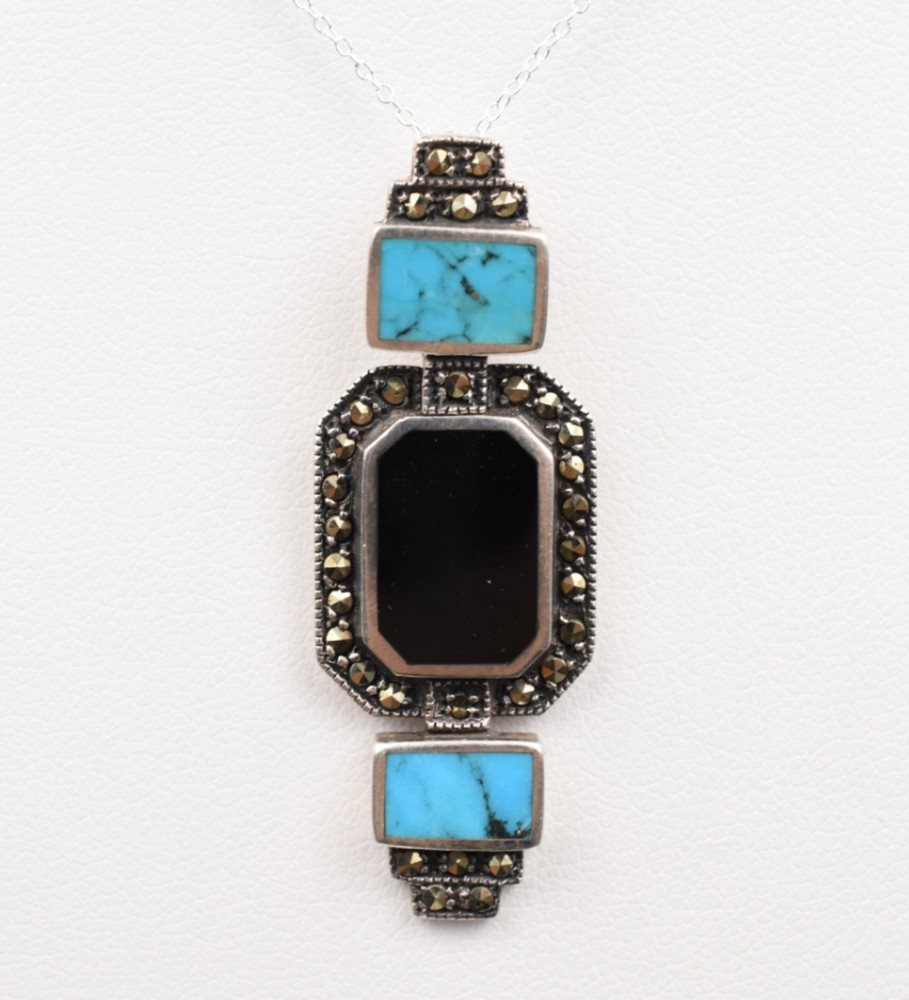 Sterling Silver Art Deco Turquoise Onyx Marcasite Pendant Necklace 18in 6.2g