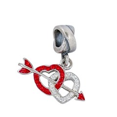 Vintage Sterling Silver 925 Red & Clear Crystal Double Heart Arrow Dangle Charm