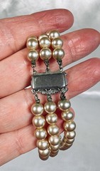 Vintage Triple Strand Faux Pearl Bracelet With Fancy Rhinestone Clasp 6.5”