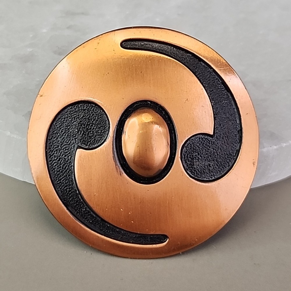 Vintage Copper Bell Brooch Southwest Round Black Inset Ying Yang 2″