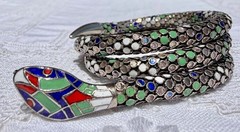 Antique German Art Deco Colorful Enamel SNAKE 935 Silver Wrap Bracelet