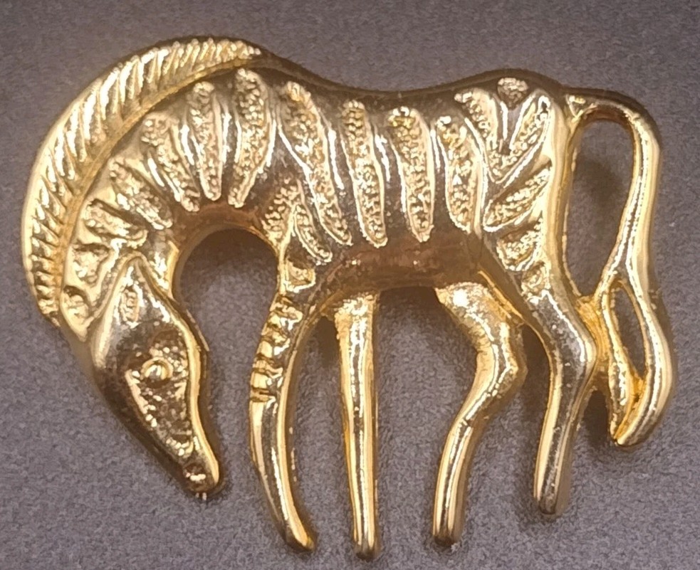 Vintage Gold-Tone Zebra Brooch Pin With Textured Design & Secure Clasp