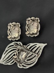 Vintage Brooch Earrings Set Pierced Pink Rhinestone Leaf Flowers Open Work.