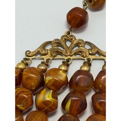 Brown Amber Tone Swirl Beaded Necklace Five Strand Costume Jewelry