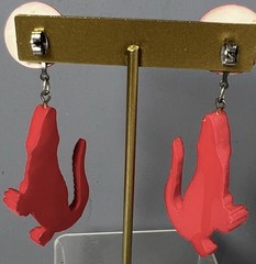Fabulous Vintage Red Lucite Crock Alligator Pierced Earnings 3”