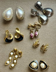 Lot of 7 Pair Vintage Avon Clip On Earrings Faux Pearl Enamel Rhinestone Gold