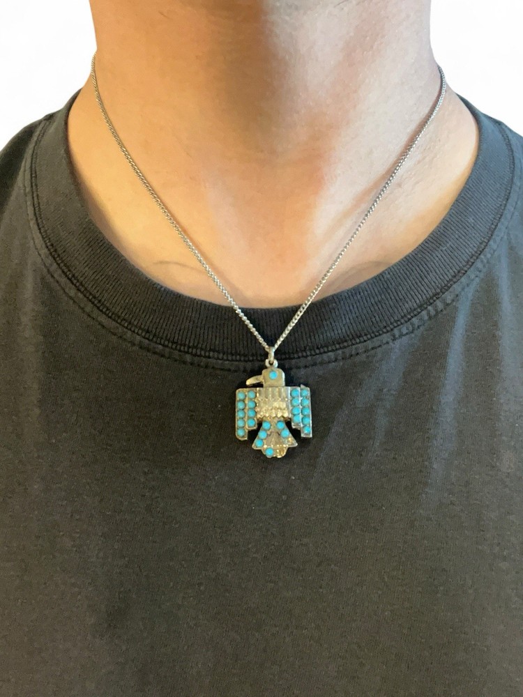 Vintage 1970s Thunderbird Necklace Turquoise Southwest Pendant Chain