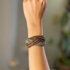 Vintage Boho Bronze Beaded Wrap Cuff Bracelet Multistrand Metal Festival Jewelry